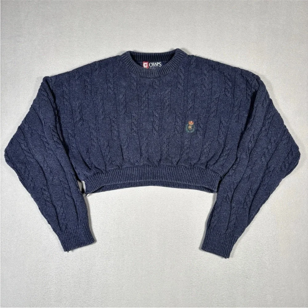 Vintage Chaps Ralph Lauren Cable Knit Cropped Sweater Womens Navy Blue Fisherman